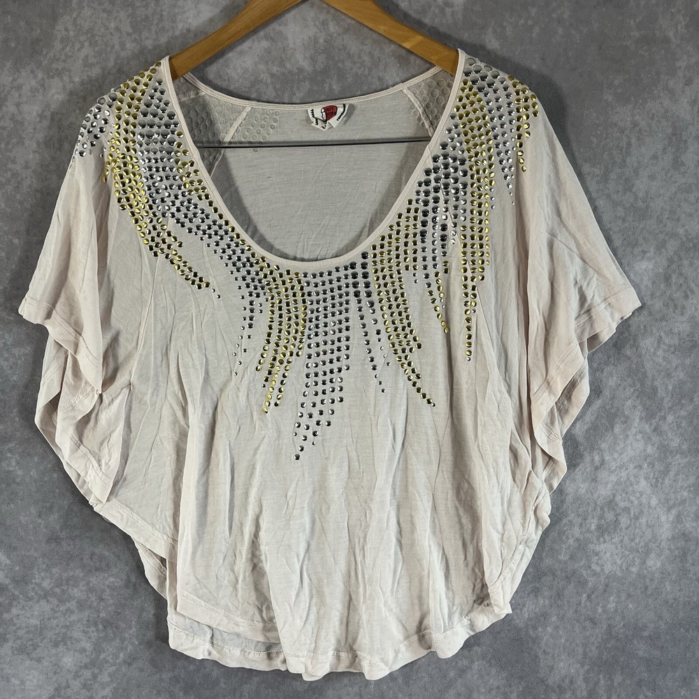 Free People Studded Dolman Top Womens Small Pink Beige Scoop Neck Viscose Boho